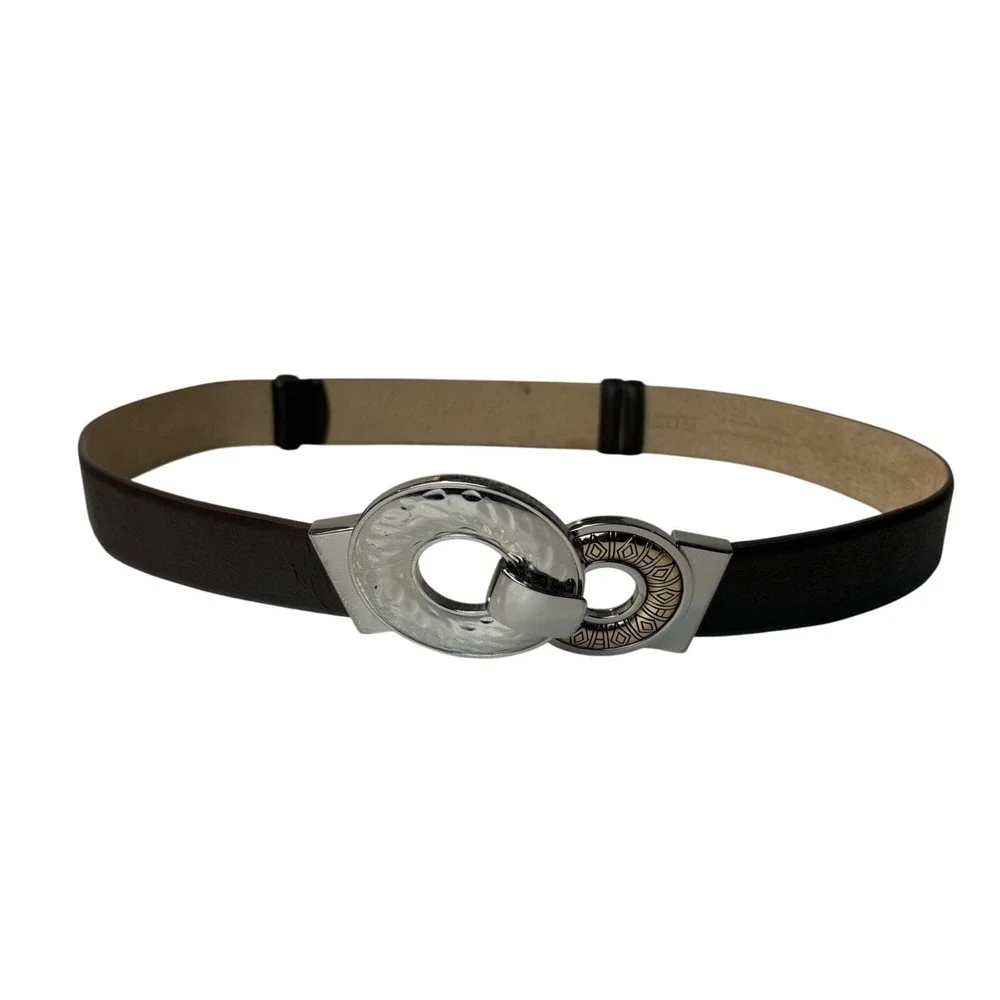 Chicos Vintage Leather Belt Chunky SilverTone Metal Buckle Adjustable Up to 48